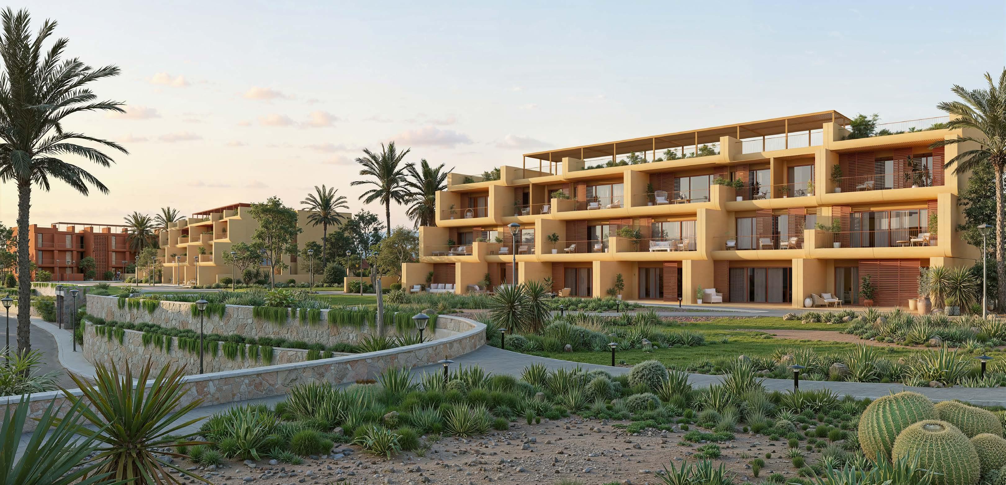 Tuban Marina Island — apartment exterior. Orascom illustrative development rendering; layouts, views and finishes vary by unit and are subject to change.
