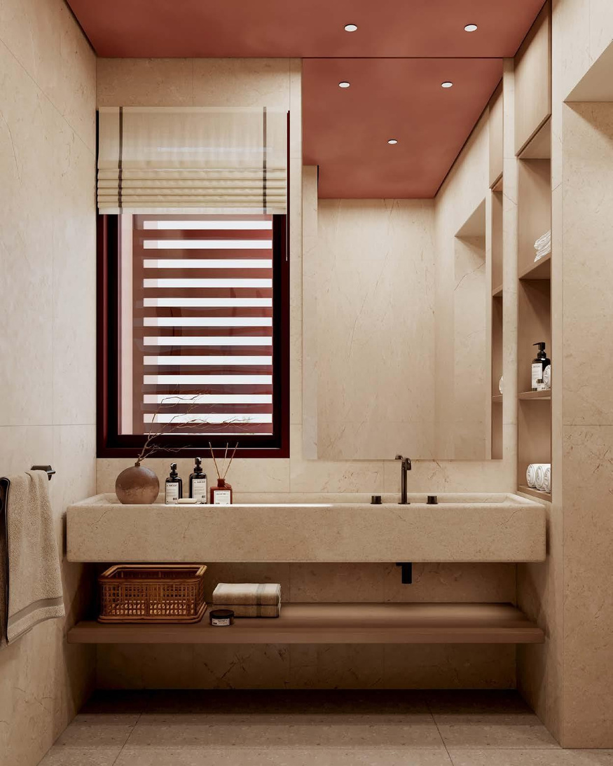 Tuban Marina Island — bathroom. Orascom illustrative development rendering; layouts, views and finishes vary by unit and are subject to change.