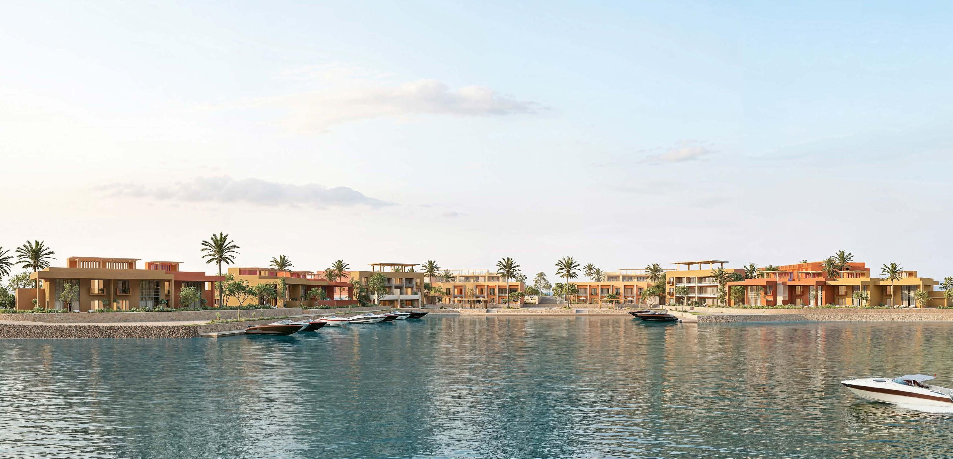 Tuban Marina Island — marina panorama. Orascom illustrative development rendering; layouts, views and finishes vary by unit and are subject to change.
