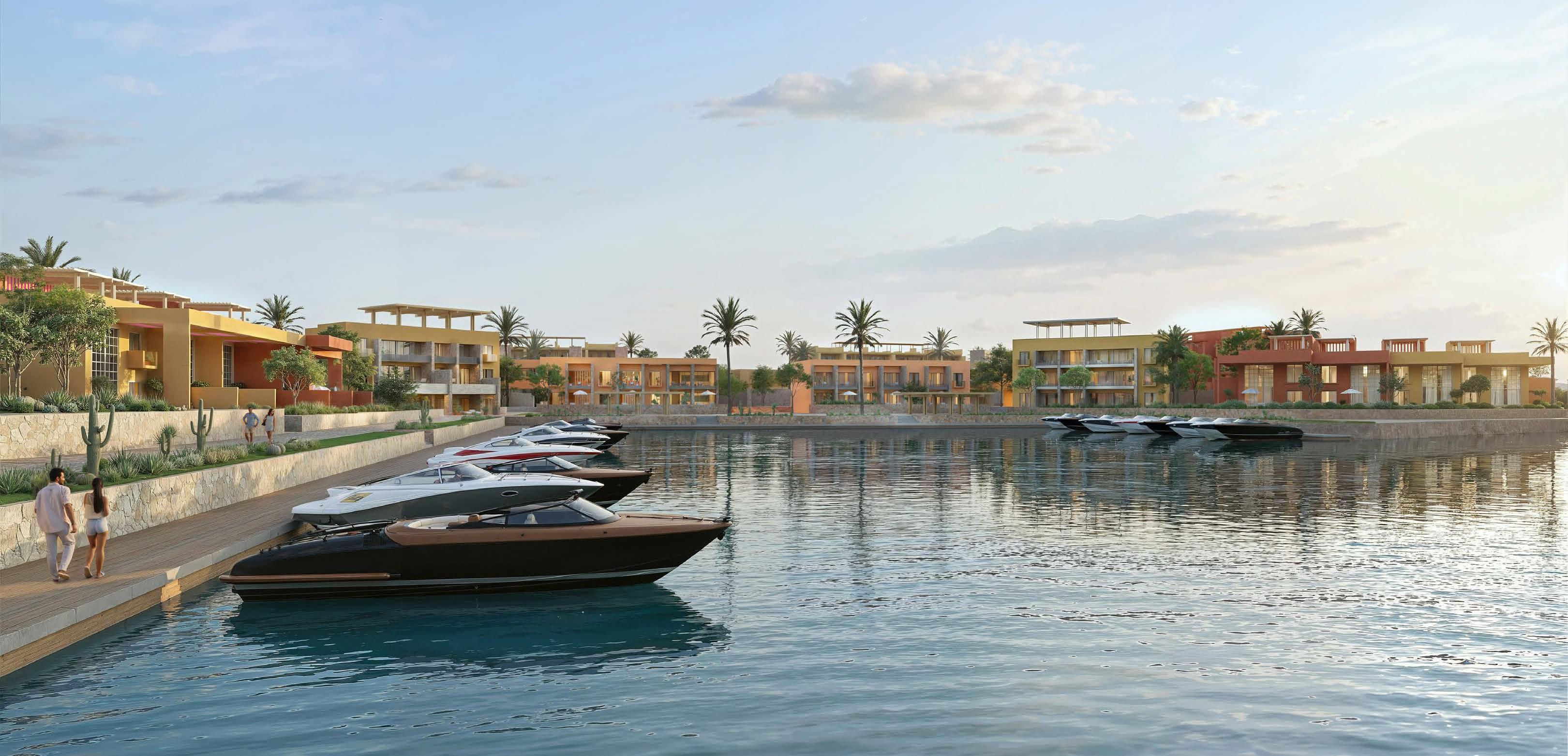 Tuban Marina Island — marina promenade. Orascom illustrative development rendering; layouts, views and finishes vary by unit and are subject to change.